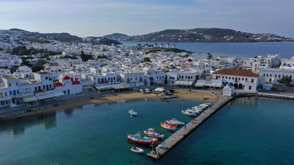 Aerial drone photo of picturesque old port in main village of Mykonos island, Cyclades, Greece