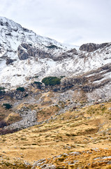 Obraz premium Montenegro snow landscape, Durmitor. Layers of mountains and clouds. Montenegro national park Durmitor. Cloudy landscape. Nature autumn view