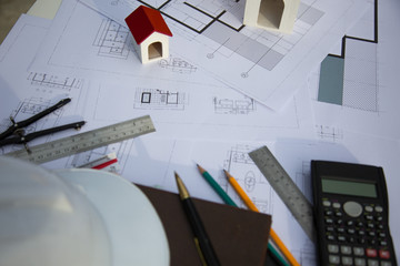 Architectural tool work site desk background construction project ideas concept, With drawing...