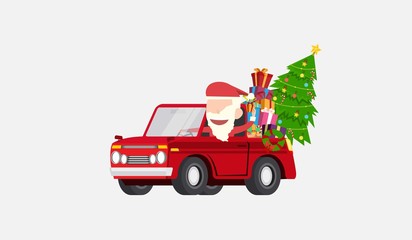 Santa claus drives car gives gifts christmas card and wallpaper flat design.