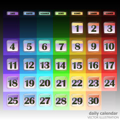 Colorful calendar for November 2019 in spanish. Set of buttons with calendar dates for the month of November. For planning important days. Banners for holidays and special days. Vector illustration.