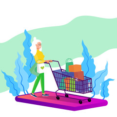 Caucasian adult woman walking with shopping cart full of purchases. Big smart phone below. Online shopping concept. Flat style stock vector illustration, isolated on white background