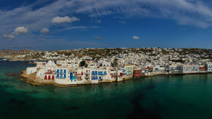 Fototapeta na wymiar Aerial drone photo of picturesque little Venice in main village of Mykonos island at sunset with beautiful colours, Cyclades, Greece