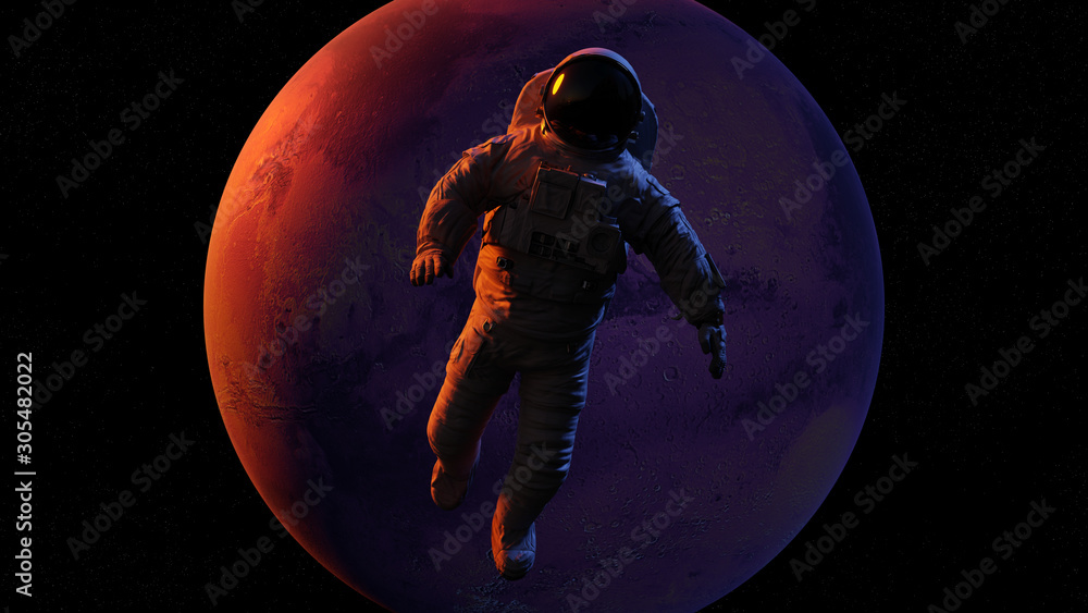 Wall mural astronaut waving during a space walk in orbit of planet mars (3d render)
