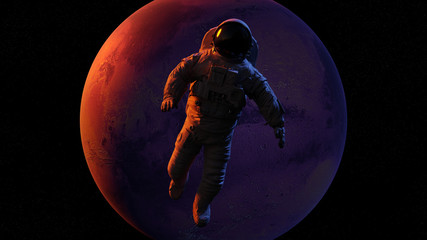 astronaut waving during a space walk in orbit of planet Mars (3d render) - obrazy, fototapety, plakaty