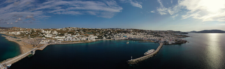 Aerial drone photo of picturesque old port in main village of Mykonos island, Cyclades, Greece