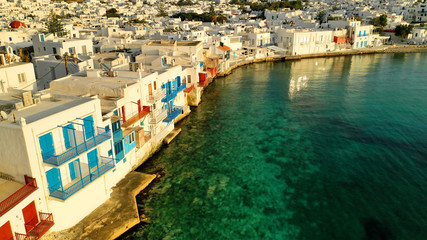 Aerial drone photo of picturesque little Venice in main village of Mykonos island at sunset with...