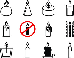 Flat icons Christmas candles isolated on white background. Icons candles set. Candles collection. Silhouettes of candles isolated on white background