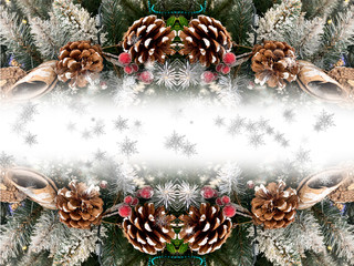 Christmas toys and decorations. Christmas and New Year background. Lanterns and balls, beads on the branches of a Christmas tree. Banner for the Christmas holidays.