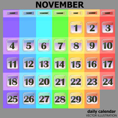Set of buttons with calendar dates for the month of November. For planning important days. Banners for holidays and special days. Vector Illustration with black background.