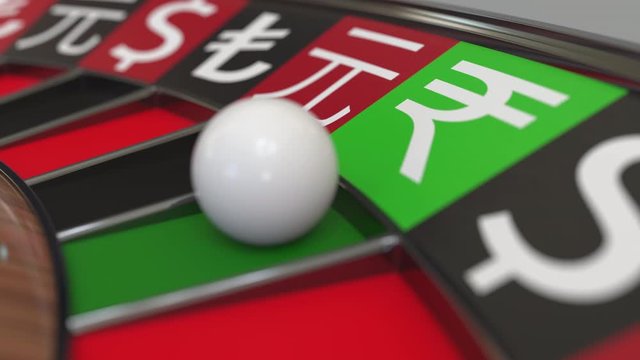 Ball in rupee sign pocket on casino roulette wheel. Conceptual 3D animation