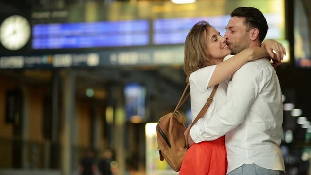 Young Man And Woman Use Underground. Couple In Subway. Cut View Of Man And Woman Stand In Front Of Each Other. Fast Train. Underground. Love Story. Valentine's Day.