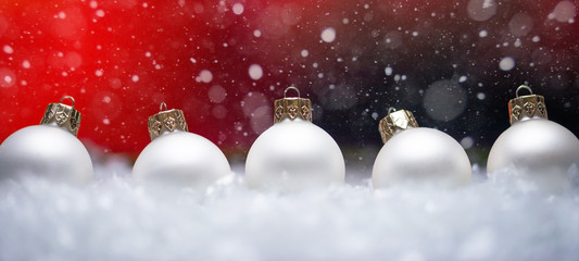 Banner with Christmas white toys and snow backdrop. Christmas discount backdrop. Sale time.