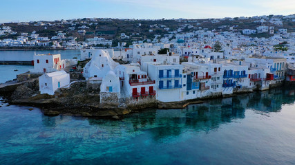 Aerial panoramic view of world famous whitewashed little Venice picturesque settlement in main...