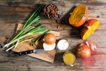 Overhead view of autumn vegetables and ingredients