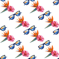 Watercolor tropical exotic seamless pattern. Hand Drawn flowers illustration