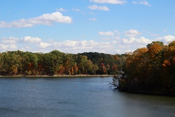 Fototapeta na wymiar A beautiful autumn day at the lake in the park.