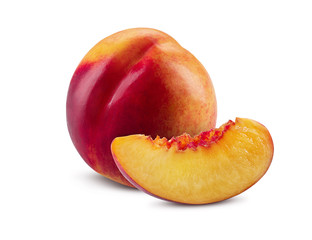 Smooth-skinned nectarine fruit and slice without kernel isolated on white background with copy space for text or images. Side view. Close-up shot.