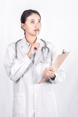 closeup portrait on Asian medicine doctor woman isolated white background.