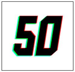 Number 50. Dynamic, split-color design and unique font, shadow of  number blue, green, red. in black thin frame and on white background.  