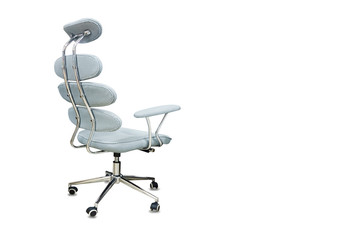 The back view of office chair from gray cloth isolated over white