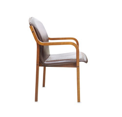 The profile view of wooden office chair from brown leather isolated over white