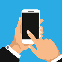 Hand holds and clicks to phone with black screen. Smartphone blank display template or mock up. Smart technology. Vector illustration.