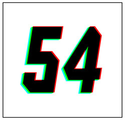 Number 54. Dynamic, split-color design and unique font, shadow of  number blue, green, red. in...
