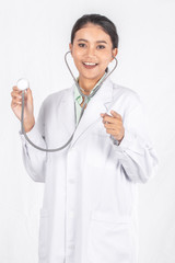 closeup portrait on Asian medicine doctor woman isolated white background.