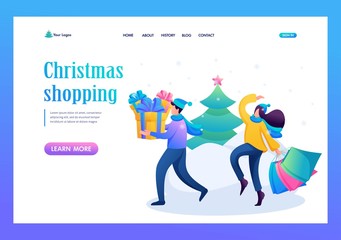 Plakat Young people are engaged in buying Christmas gifts, winter entertainment. Flat 2D character. Landing page concepts and web design