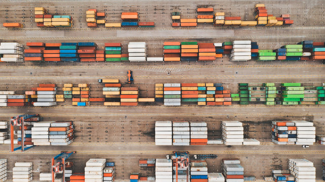 Aerial view of very well organised and colourful containers at Malaga Port, Spain