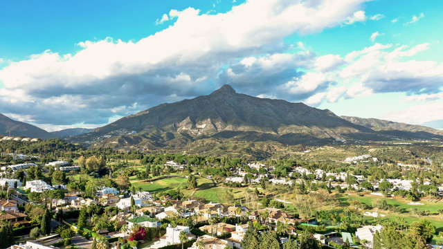 Aerial view of famous beautiful mountain landmark La Concha, Marbella, Spain