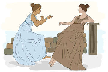 Two women are sitting at the table and having a conversation. Vector image isolated on white background.