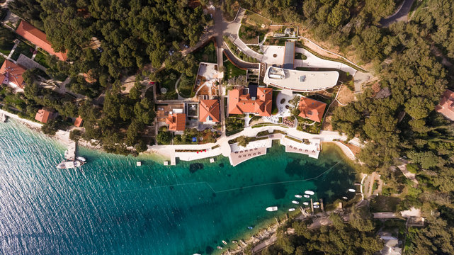 Aerial view of hotel resort at bay, Mali Lo?inj, Croatia.