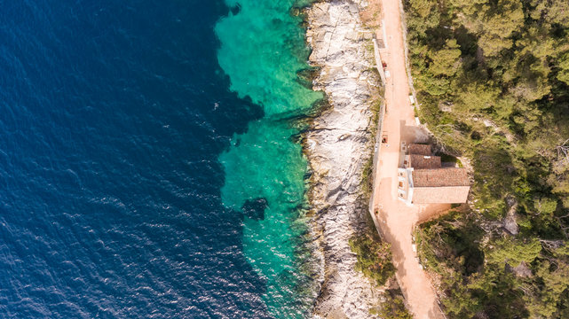 Aerial view of church of the Annunciation of the Blessed Virgin Mary, Mali Lo?inj, Croatia.