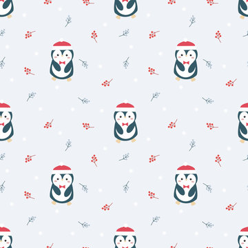 Cute penguin in Christmas season seamless pattern