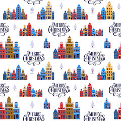 New year's seamless pattern with Christmas houses. Background with winter urban landscape. Old european town. Cartoon buildings for greeting card, postcard, template, frame, cover, poster . Cityscape.