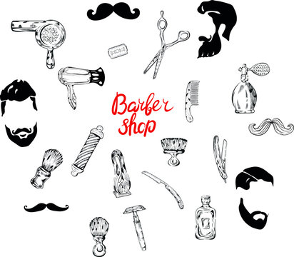 vector black icons set of barber shop, mustash , beard, men, brushes, scissors, razors, perfume 