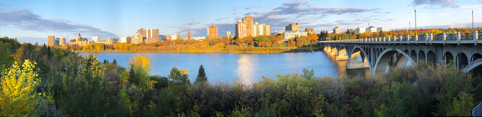 Panorama of Saskatoon, Canada city center by river