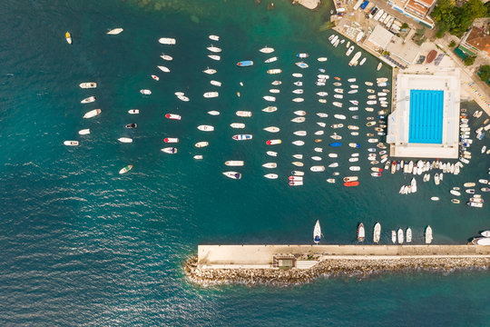 Aerial view of swimming pool at ?kver Harbor near Topla, Montenegro.
