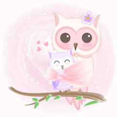 Cute baby owl and mother hand drawn animal illustration watercolor on pink