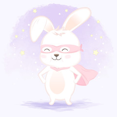Superhero rabbit hand drawn animal cartoon illustration watercolor background