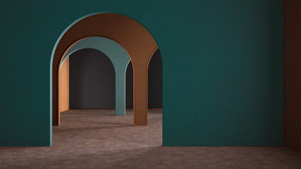 Classic metaphysics surreal interior design, empty space with ceramic floor, archway with stucco colored walls, colorful plaster, unusual architecture, arch project idea, copy space
