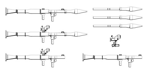 Rocket Propelled Grenade. RPG. Firearms. Colorful image Set. RPG Anti-tank rocket launcher. Sniper scope rifle. Firearms in combat. Assault Gun Wireframe. Machine guns. Vector graphics to design