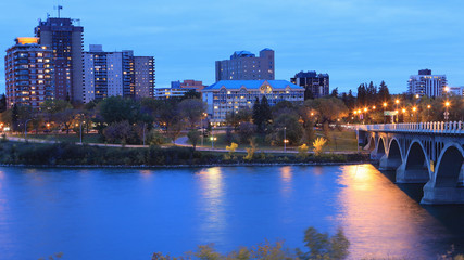 Saskatoon, Canada skyline after dark
