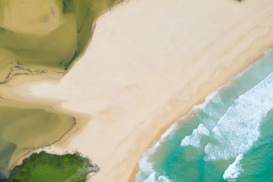 Aerial view over beach at Wallaga lake reserve, Australia.