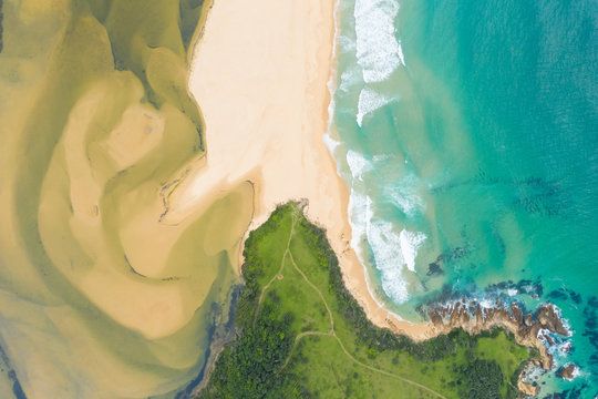 Aerial view over beach at Wallaga lake reserve, Australia.