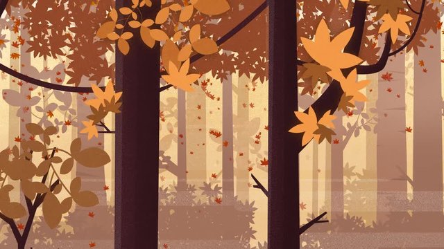 Autumn Fall Forest Close-up Daytime Panning Shot. Loop-ready animation. Hand drawn, painterly styled animated illustration.