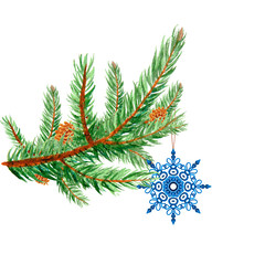 Blue snowflake hanging on a Fir Tree Branch. Christmas Background.