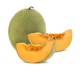 Cantaloupe melon and two slices in a cross-section, isolated on white background with copy space for text or images. Side view. Close-up shot.